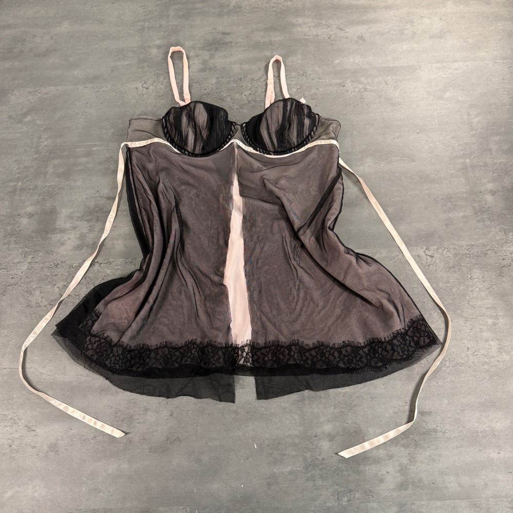 Vintage Babydoll Slip Chemise Women L Black Pink Mesh‎ Lace Trim Lingerie Teddy